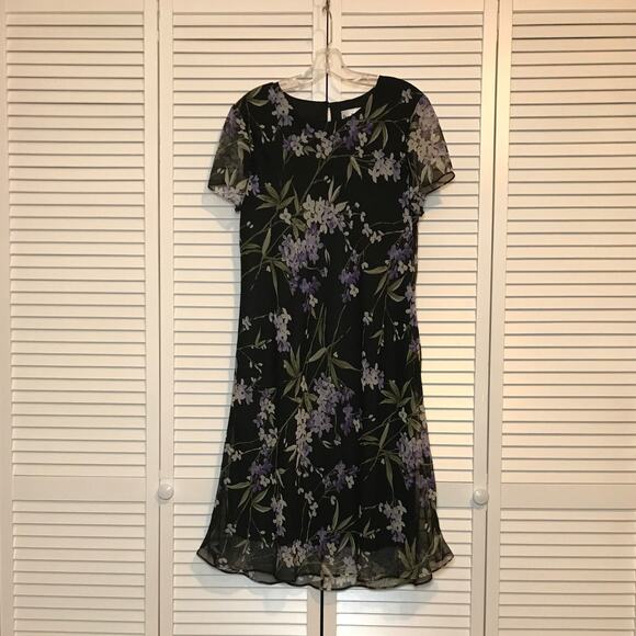 Peri Petites Vintage Floral Round Neck Sheer Short Sleeve A-line Midi Dress 16P - Picture 1 of 7